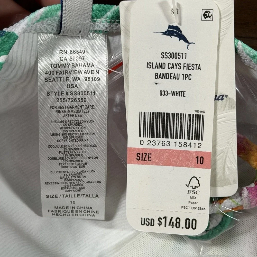 Tommy Bahama Size 10 Island Cays Fiesta Bandeau One Piece Swimsuit White Floral - Picture 7 of 12
